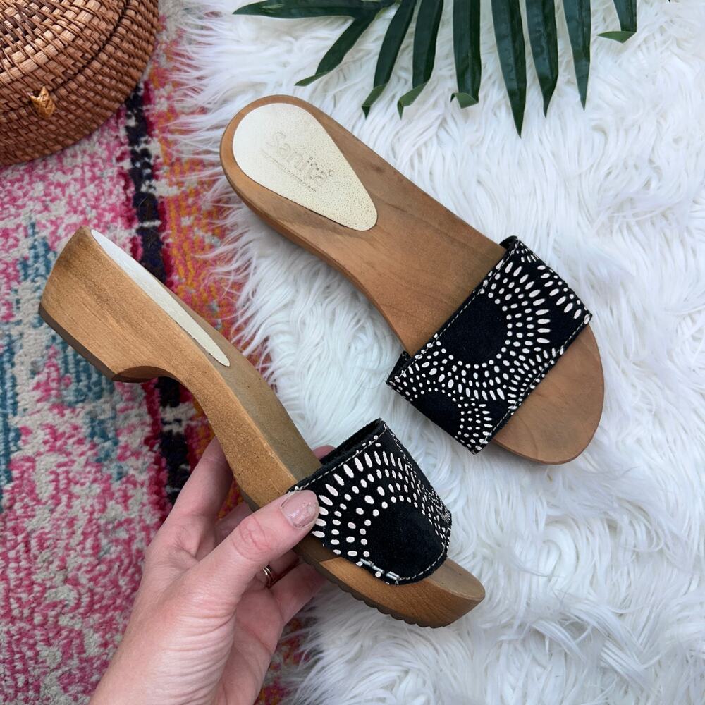 $139 Sanita Black White Leather Slip On Clog Sandal 40 / 8.5-9 Platform